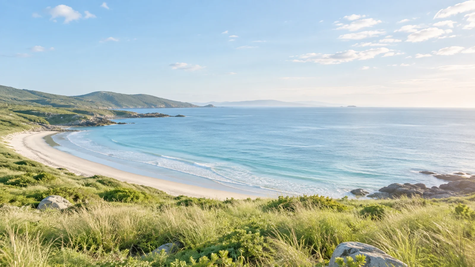 Sunlit coastal landscape with a pale blue sea and green hillside